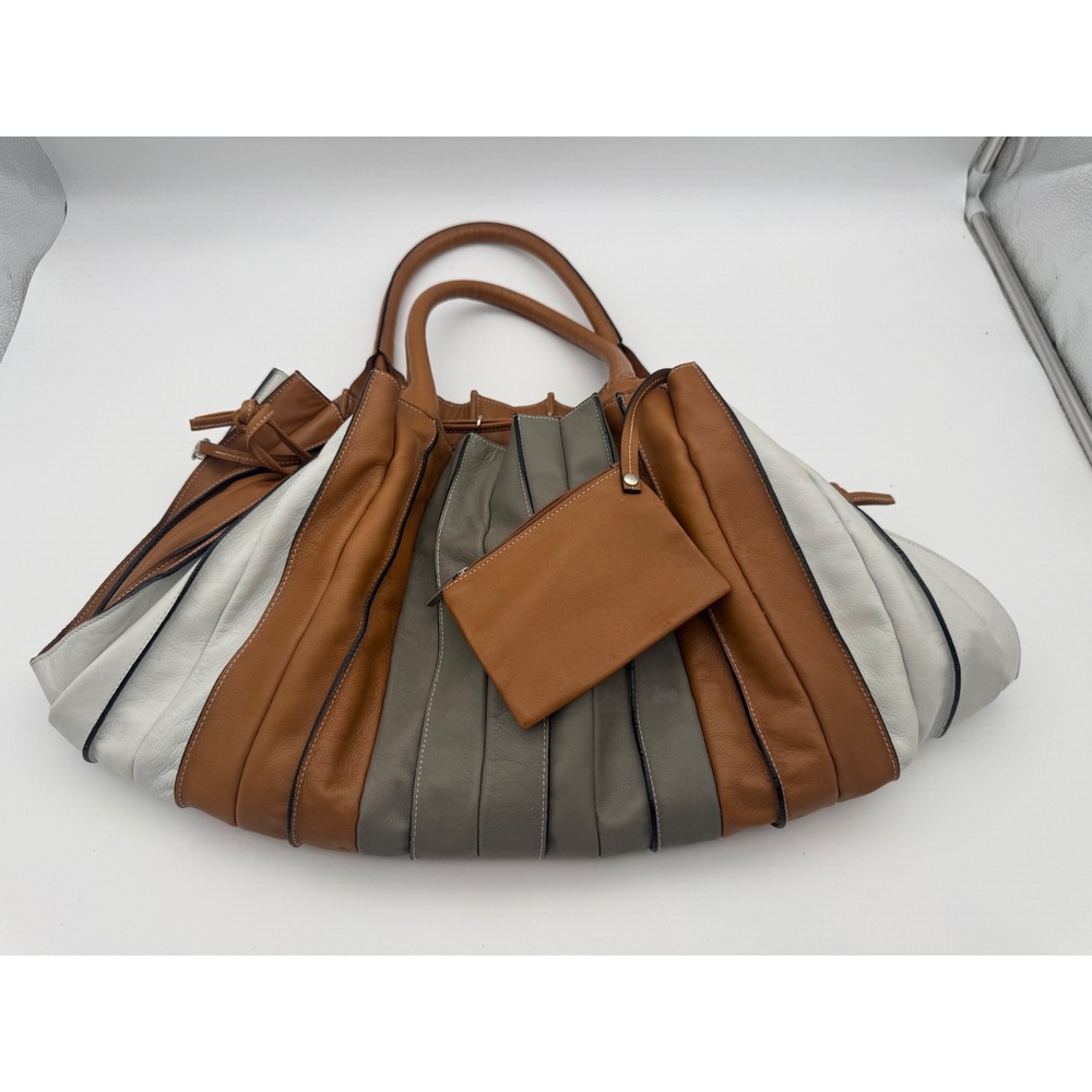 Lupo Barcelona Abanico Leather Tote Bag Colorblock Tan Grey Cream Pouch